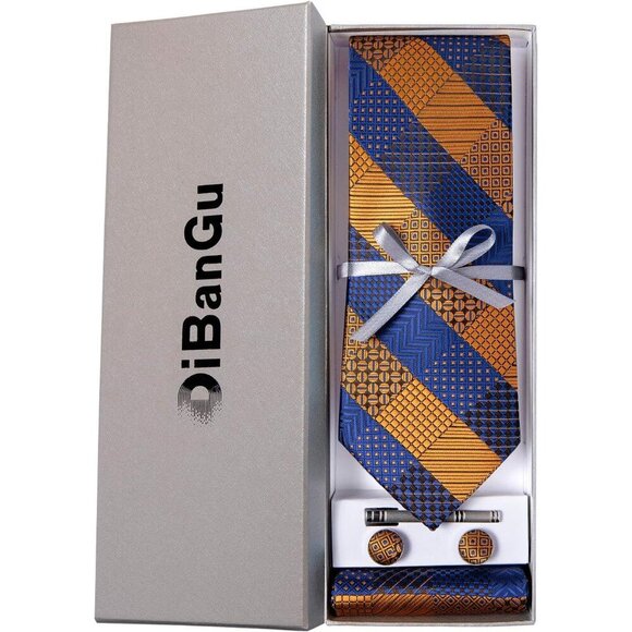 🆕Men Blue Plaid Silk Checkered Necktie Pocket Square Cufflinks Tie Clip Set - Picture 4 of 6